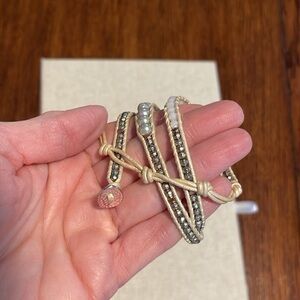 Stella Dot Neutral Beige cream Grey Pearl Beaded Leather Wrap Bracelet